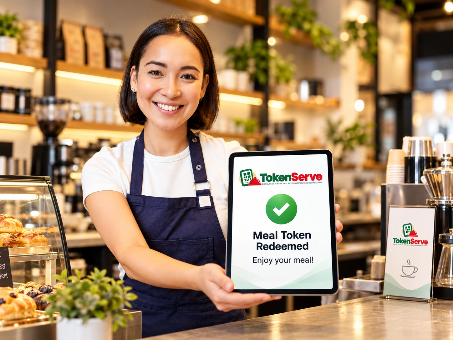 TokenServe QR meal token being validated at a hospitality outlet
